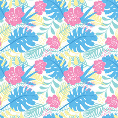 Tropical plants seamless pattern vector illustration. Exotic natural palm leaves wallpaper background