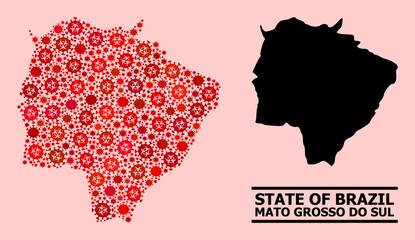 Vector covid-2019 mosaic map of Mato Grosso do Sul State created for lockdown illustrations. Red mosaic map of Mato Grosso do Sul State is created with biohazard covid-2019 pathogen parts.