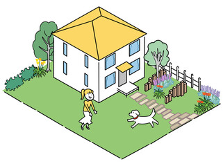 憧れの郊外の家-ペットと庭で遊ぶ