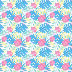 Tropical plants seamless pattern vector illustration. Exotic natural palm leaves wallpaper background