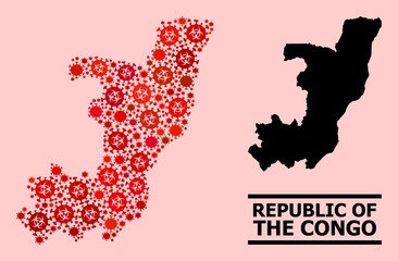 Vector covid-2019 mosaic map of Republic of the Congo designed for lockdown applications. Red mosaic map of Republic of the Congo is constructed of biohazard covid-2019 pathogen cells.