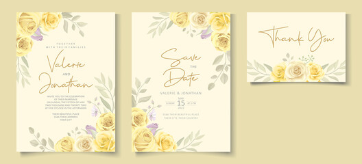 Fototapeta na wymiar Beautiful wedding invitation template with hand drawn yellow roses