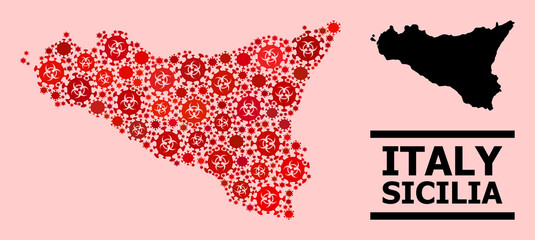 Vector covid-2019 mosaic map of Sicilia Island done for pharmacy wallpapers. Red mosaic map of Sicilia Island is formed of biological hazard covid infection parts.