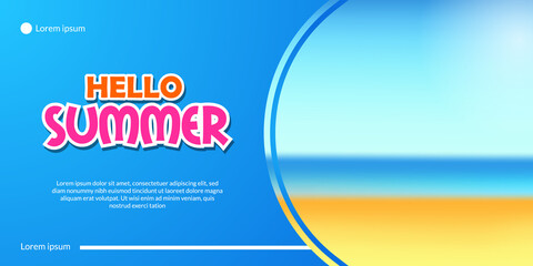 Hello summer banner with vacation sand beach coast landscape illustration
