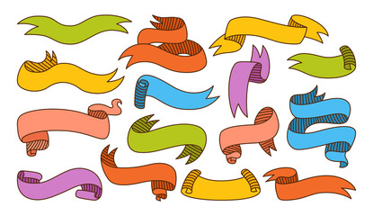 Ribbon colorful sketch cartoon set. Tape blank linear collection, decorative icons. Vintage design, simple ribbon. Web icon kit text banner. Label tag and quality badges. Isolated vector illustration