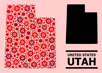 Vector coronavirus mosaic map of Utah State designed for doctor purposes. Red mosaic map of Utah State is composed with biological hazard covid-2019 infection cells.