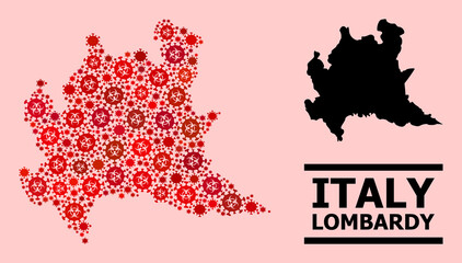Vector covid-2019 mosaic map of Lombardy region created for clinic illustrations. Red mosaic map of Lombardy region is organized of biohazard covid infection parts.