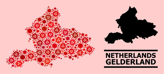 Vector covid mosaic map of Gelderland Province created for medicare purposes. Red mosaic map of Gelderland Province is shaped of biological hazard covid pathogen icons.