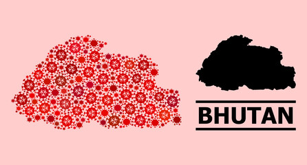 Vector covid collage map of Bhutan done for vaccination wallpapers. Red mosaic map of Bhutan is done with biohazard covid-2019 infection icons.