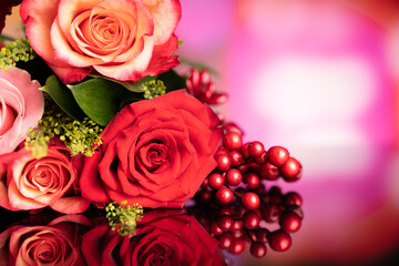 Mother’s day gift.  Bunch of roses on the bokeh background. 