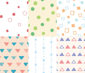 手描きのシンプルでかわいいパターン背景6種類セット　丸　三角　四角　パステルカラー　装飾イラスト