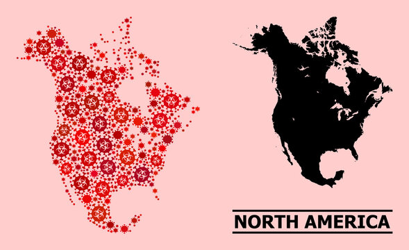 Vector Covid Mosaic Map Of North America Created For Medicare Illustrations. Red Mosaic Map Of North America Is Done With Biohazard Flu Viral Elements.