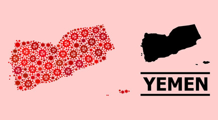 Vector covid-2019 mosaic map of Yemen combined for health care posters. Red mosaic map of Yemen is made with biological hazard covid-2019 pathogen parts.
