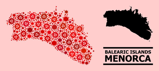 Vector covid mosaic map of Menorca Island combined for clinic purposes. Red mosaic map of Menorca Island is created with biohazard covid viral items.