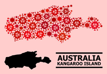 Vector covid-2019 mosaic map of Kangaroo Island organized for clinic posters. Red mosaic map of Kangaroo Island is shaped from biohazard covid-2019 viral icons.