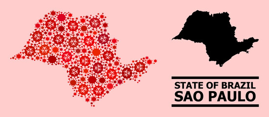 Vector covid mosaic map of Sao Paulo State organized for clinic applications. Red mosaic map of Sao Paulo State is organized with biohazard covid viral parts.