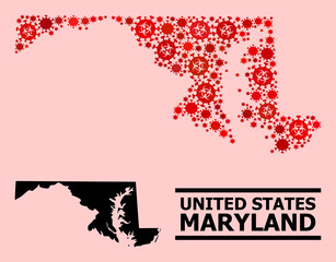 Vector coronavirus mosaic map of Maryland State constructed for pharmacy applications. Red mosaic map of Maryland State is done of biological hazard coronavirus pathogen items.