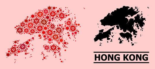 Vector coronavirus composition map of Hong Kong created for doctor projects. Red mosaic map of Hong Kong is created with biological hazard coronavirus viral parts.