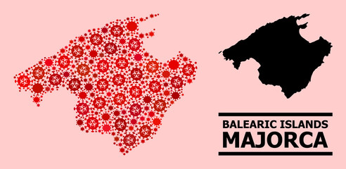 Vector covid mosaic map of Majorca created for vaccination posters. Red mosaic map of Majorca is constructed from biohazard covid-2019 infection items.