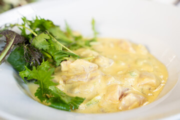 Fresh ceviche plate with milk sauce and lettuce on side. Gourmet sea food restaurant concept