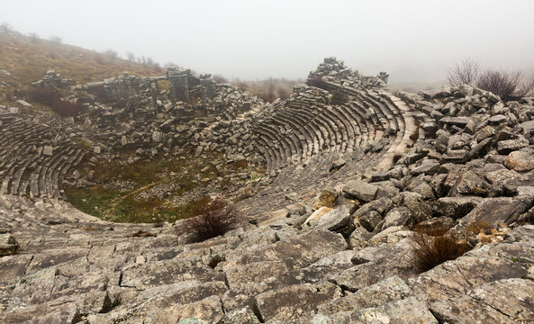 View of the ruins of an ancient amphitheater in Sagalassos, Turkey.