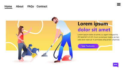 father with daughter using vacuum cleaner and mop man spending time with child and doing housework