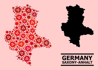 Obraz premium Vector coronavirus mosaic map of Saxony-Anhalt State constructed for pandemic advertisement. Red mosaic map of Saxony-Anhalt State is constructed of biohazard flu pathogen items.