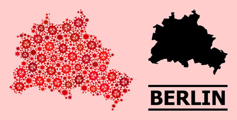 Vector covid-2019 mosaic map of Berlin City created for lockdown illustrations. Red mosaic map of Berlin City is organized with biological hazard covid viral elements.