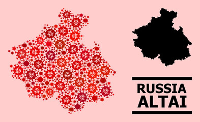Vector covid-2019 composition map of Altai Republic constructed for health care projects. Red mosaic map of Altai Republic is constructed with biological hazard covid-2019 pathogen cells.