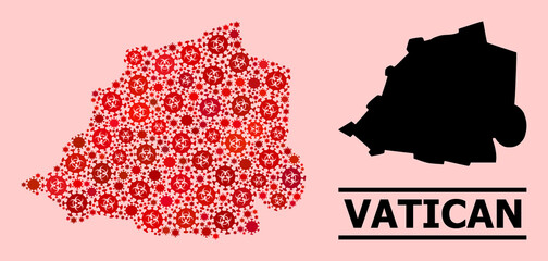 Vector coronavirus mosaic map of Vatican done for vaccination posters. Red mosaic map of Vatican is done from biohazard coronavirus viral parts.