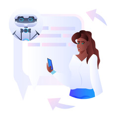 african american woman discussing with robot chatbot assistant in mobile messenger app artificial intelligence