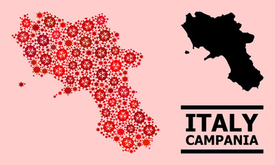 Vector coronavirus composition map of Campania region combined for vaccination wallpapers. Red mosaic map of Campania region is made of biohazard coronavirus pathogen parts.