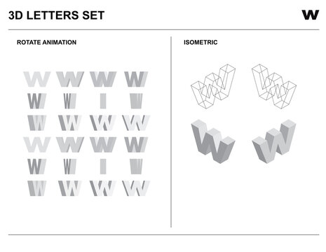 3d w Alphabet Letters Set Animate Isometric Wireframe Vector