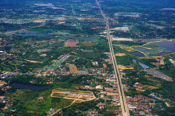 aerial view of the city, High angle view of the forest, Landscape of forests and mountains, Aerial photograph, View from the airplane window.

