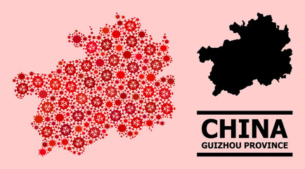 Vector covid-2019 collage map of Guizhou Province designed for health care wallpapers. Red mosaic map of Guizhou Province is designed with biohazard covid-2019 pathogen icons.