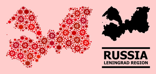 Vector covid-2019 mosaic map of Leningrad Region designed for pandemic posters. Red mosaic map of Leningrad Region is done from biohazard covid infection elements.