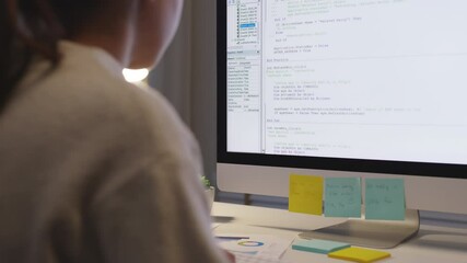 Back view young asia female people analyst coder code language multiple screen cloud online computing ai deep tech work at home office late night reskill upskill, future agile cyber ux web design job.