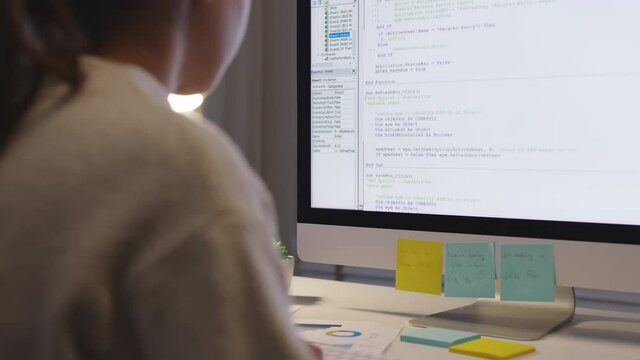 Back view young asia female people analyst coder code language multiple screen cloud online computing ai deep tech work at home office late night reskill upskill, future agile cyber ux web design job.