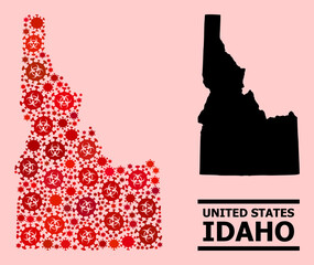 Vector covid mosaic map of Idaho State constructed for clinic advertisement. Red mosaic map of Idaho State is organized of biohazard covid infection icons.