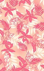 Fototapeta premium シンプルなトロピカルな花とリーフのテキスタイルパターン Tropical hibiscus laef botanical background pattern