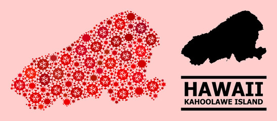 Vector covid-2019 mosaic map of Kahoolawe Island constructed for vaccination illustrations. Red mosaic map of Kahoolawe Island is organized with biohazard covid-2019 infection cells.
