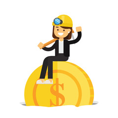 businesswoman miner use pickaxe working big money coin mine