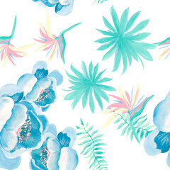 Fototapeta na wymiar Gray Tropical Plant. Navy Seamless Hibiscus. Cobalt Pattern Palm. Indigo Drawing Art. Blue Floral Botanical. White Decoration Painting. Wallpaper Art.