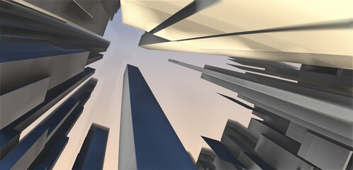 3d rendering of tall skyscrapers buildings looking towards sky