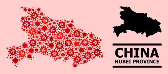 Vector covid mosaic map of Hubei Province done for clinic applications. Red mosaic map of Hubei Province is designed from biological hazard covid-2019 pathogen items.