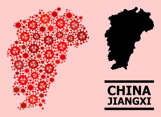 Vector covid mosaic Map of Jiangxi Province created for medicare applications. Red mosaic Map of Jiangxi Province is composed with biological hazard covid viral elements.