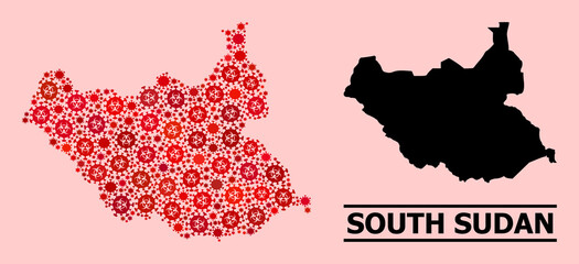 Vector covid-2019 composition map of South Sudan constructed for lockdown posters. Red mosaic map of South Sudan is composed of biohazard covid-2019 pathogen parts.