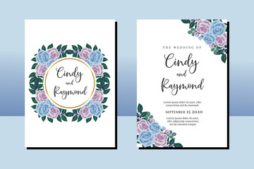Wedding invitation frame set, floral watercolor hand drawn Blue Rose Flower design Invitation Card Template