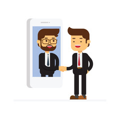 Two businessman shake hands on the smartphone screen