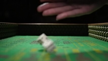 This video shows a close up, POV view of a hand rolling a pair of dice towards the camera on a green felt craps gambling table in slow motion. - Powered by Adobe